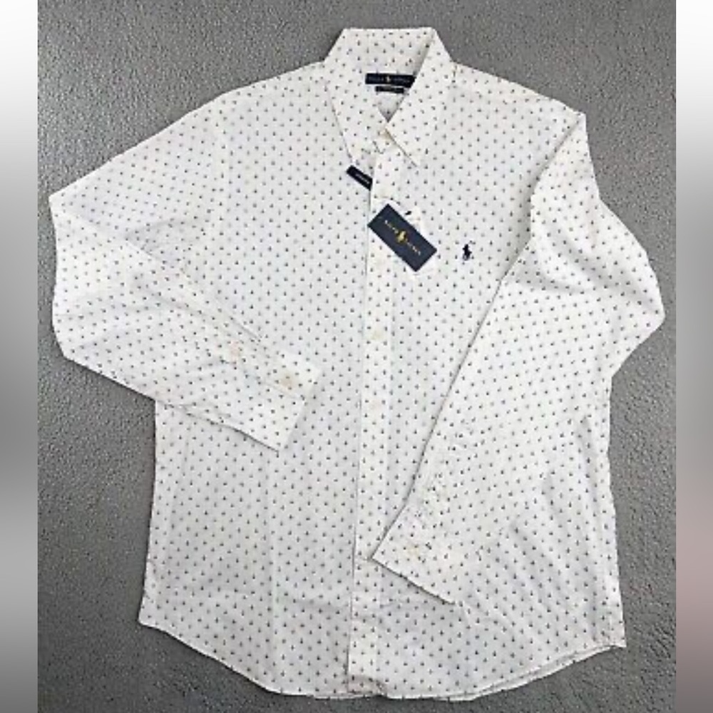 $110 Ralph Lauren Polo Mens Large Bright White Nautical ⚓ Anchor Print LS Shirt